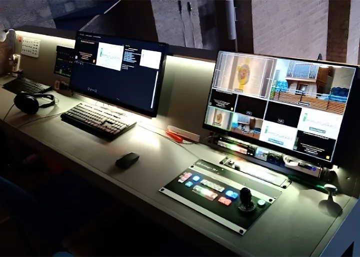 Regietafel met meerdere beeldschermen, toetsenborden, bedieningspanelen en headset voor het livestreamen van kerkdiensten vanuit een technische ruimte in de kerk.