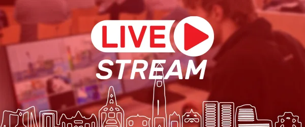 Grafische banner met het woord ‘LIVE STREAM’ en afspeelicoon erboven; op de achtergrond iemand aan het werk met beeldschermen en onderaan een gestileerde skyline van Groningen.